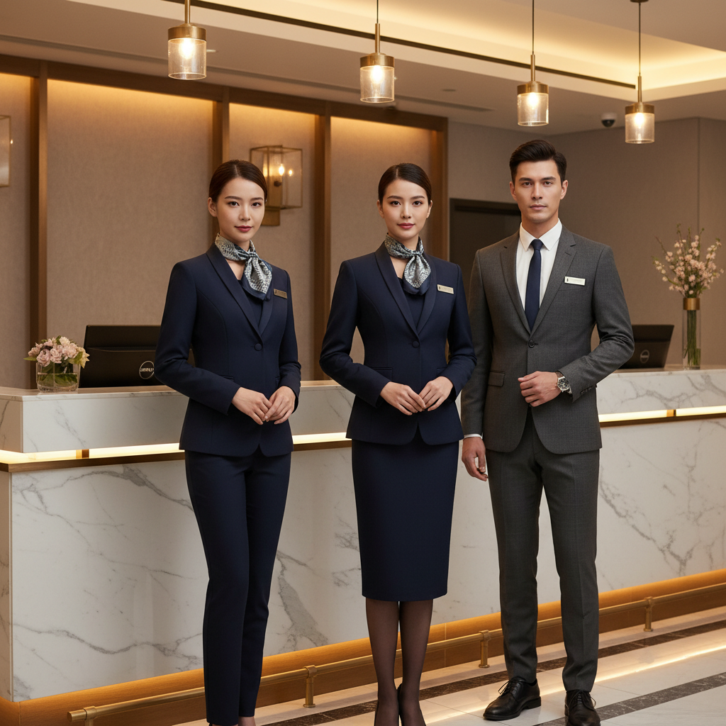 Hotel receptionist in navy blue corporate blazer with embroidered logo at the front desk