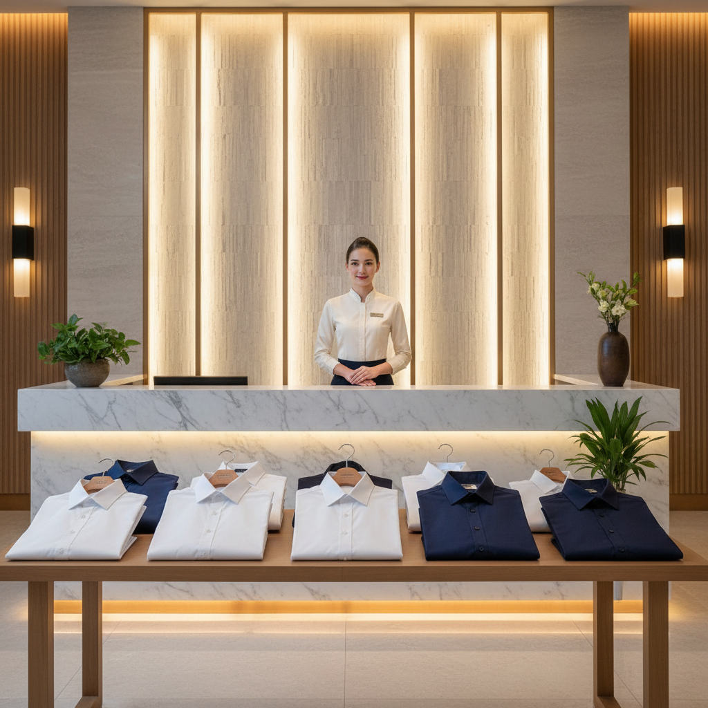Hotel receptionist wearing a white polyester-cotton blend shirt with Italian collar and button cuffs at the front desk of a category hotel