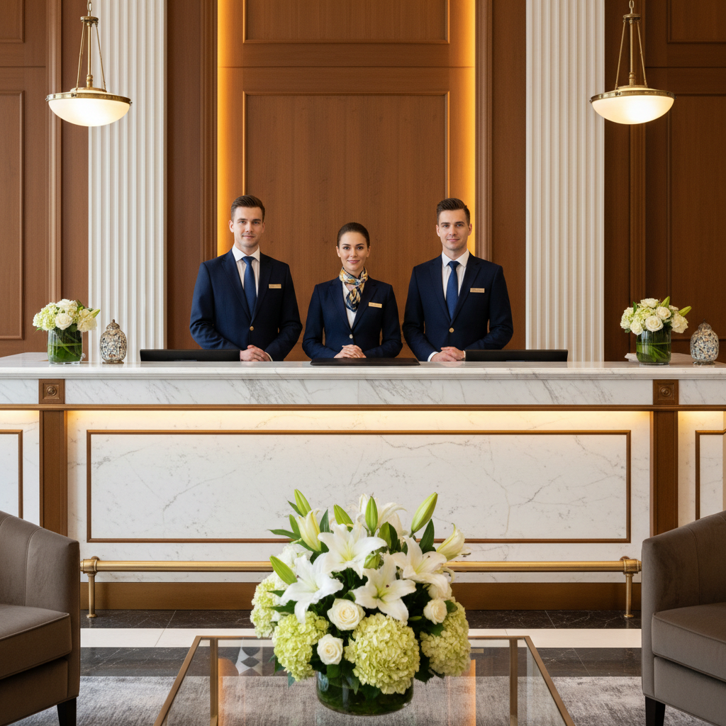 Hotel receptionists in hotel reception uniforms with navy blazer and white shirt at a hotel front desk
