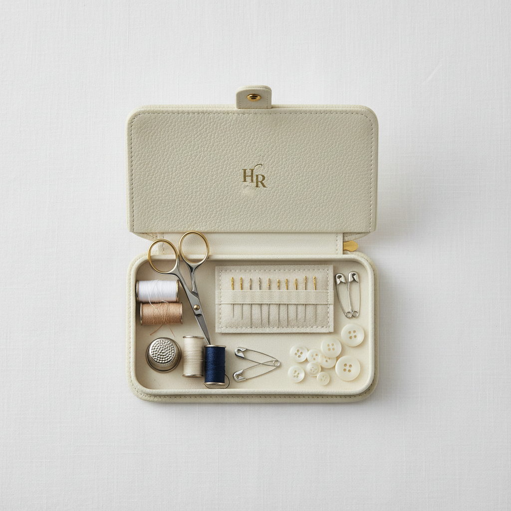 Hotel sewing kit with needles, coloured threads, buttons and safety pins on a wooden surface in a hotel room