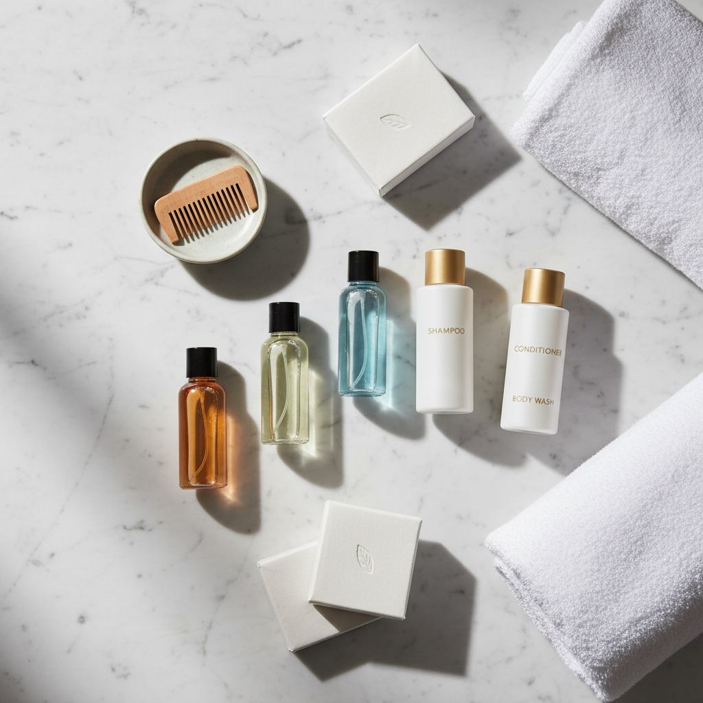 Hotel shampoo in individual tube and wall-mounted dispenser presented in a hotel room bathroom