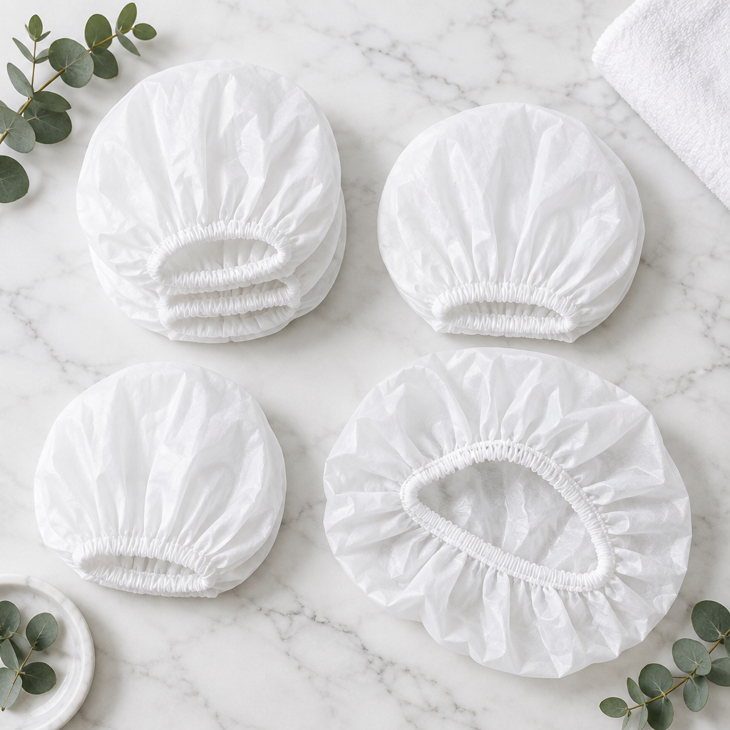 Hotel shower cap in white EVA opened on a hotel bathroom worktop alongside bathroom amenities: shower gel, shampoo and soap in travel size