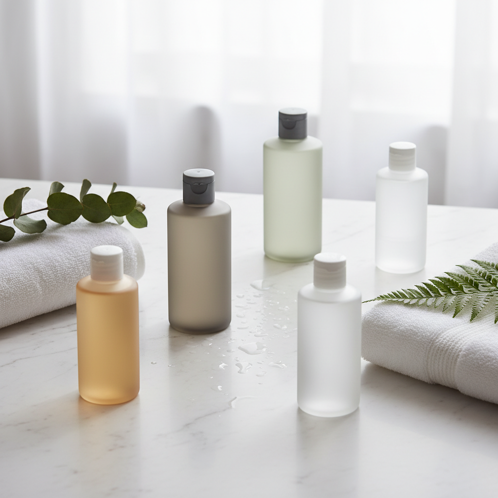 Hotel shower gel in individual tube and wall-mounted dispenser presented in a hotel room bathroom