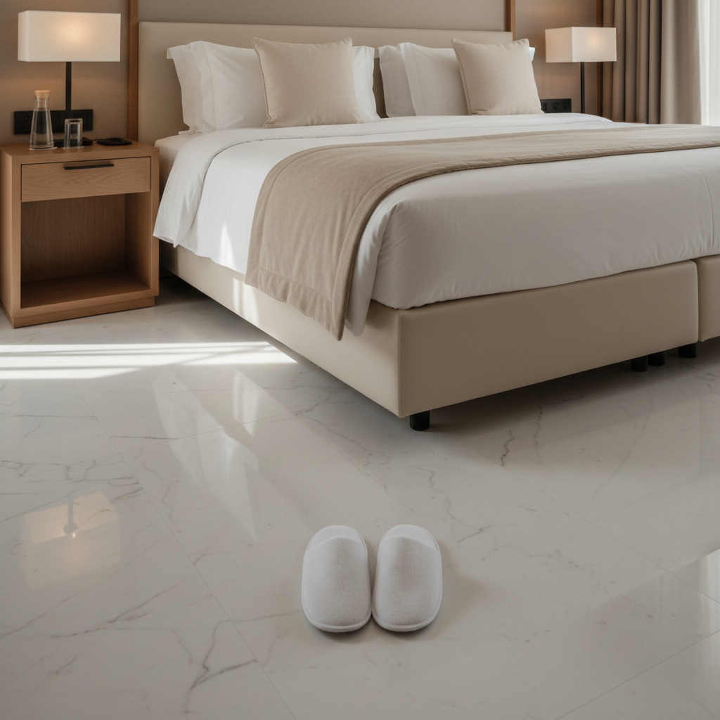 Pair of white terry hotel slippers on marble floor of a hotel room