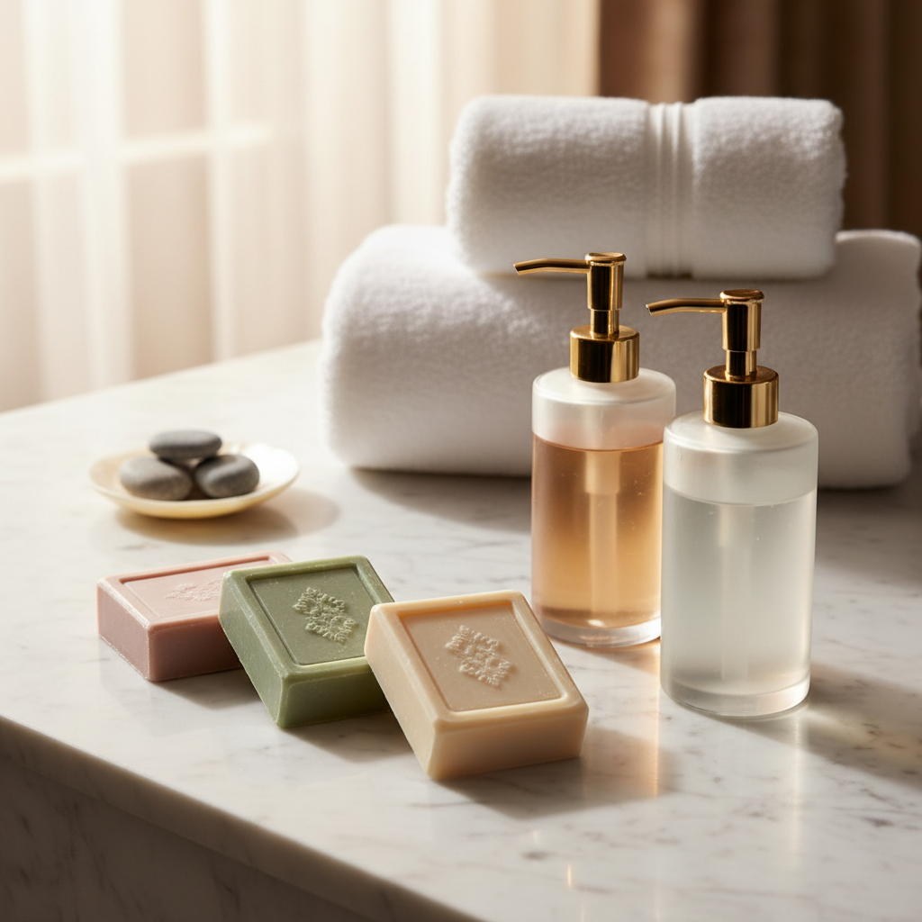 Hotel soap bars with embossed logo and paper wrapper presented on the washbasin of a category hotel room