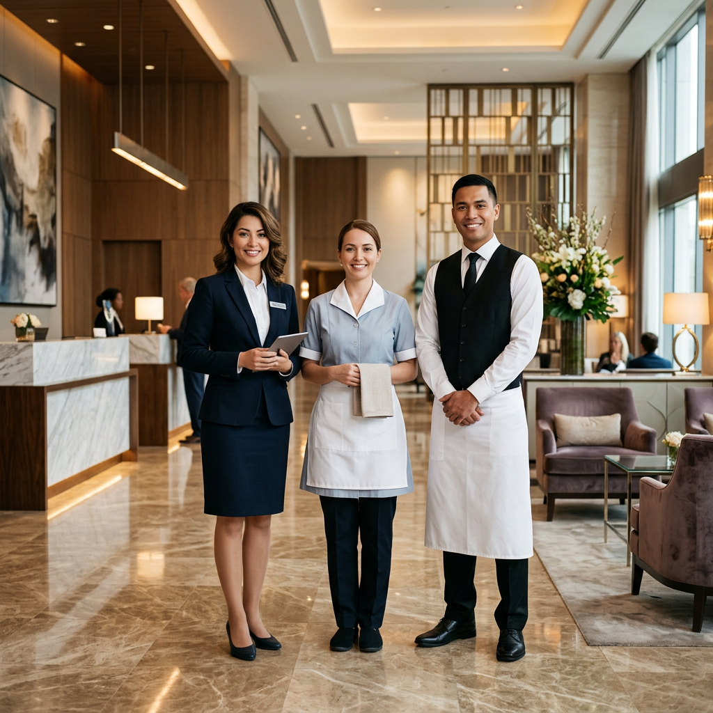 Hotel staff in uniform in the lobby: receptionist in a dark blazer with name badge, room attendant in a housekeeping tunic with apron, and waiter in waistcoat and long waist apron, representing the main departments of the property