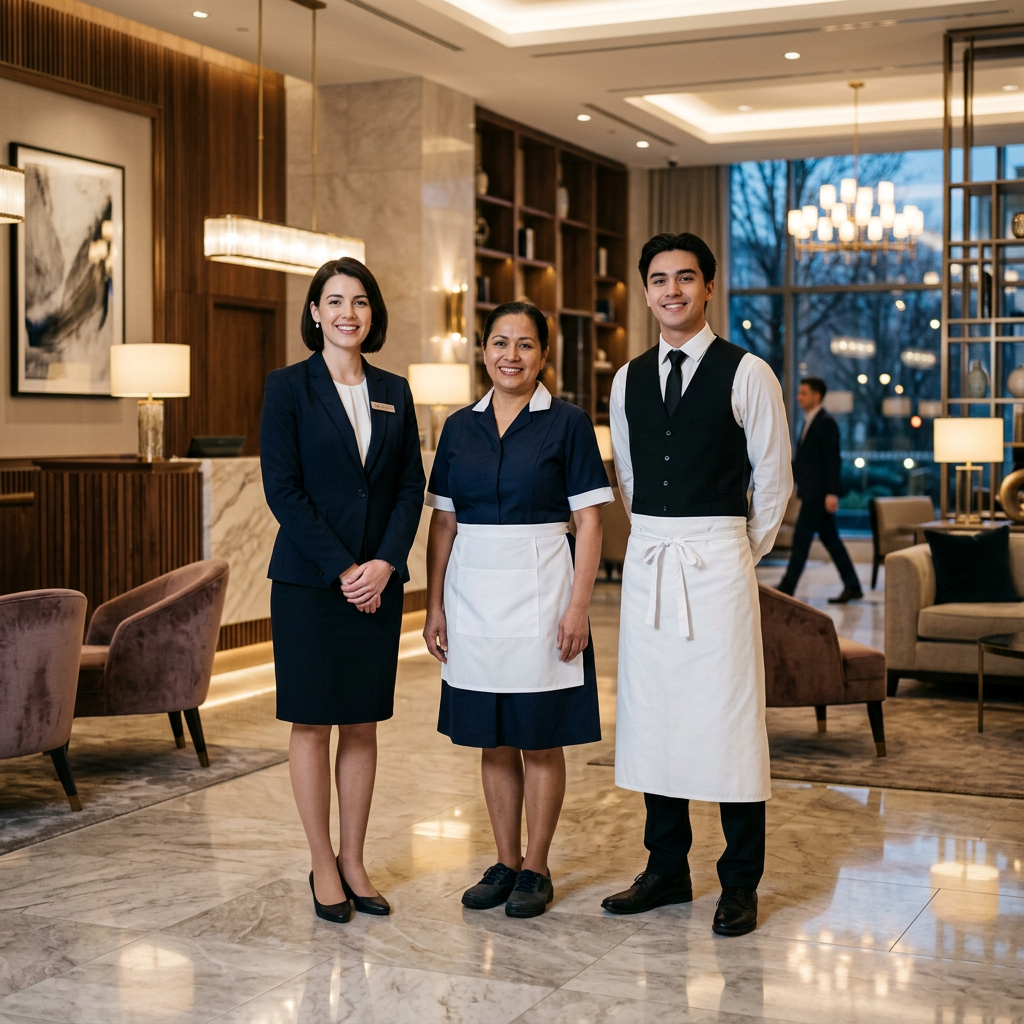 Equipo de personal de hotel uniformado en el lobby: recepcionista con chaqueta oscura y placa identificativa, camarera de pisos con bata de trabajo y delantal, y camarero de sala con chaleco y delantal largo