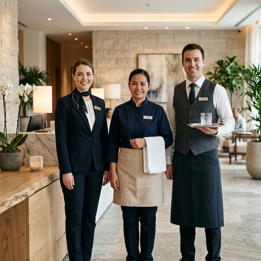 Hotelpersonal in Berufskleidung im Empfangsbereich: Rezeptionistin im dunklen Blazer mit Namensschild, Zimmermädchen im Arbeitskittel mit Schürze und Kellner in Weste und langer Hüftschürze, stellvertretend für die wichtigsten Abteilungen des Hotels