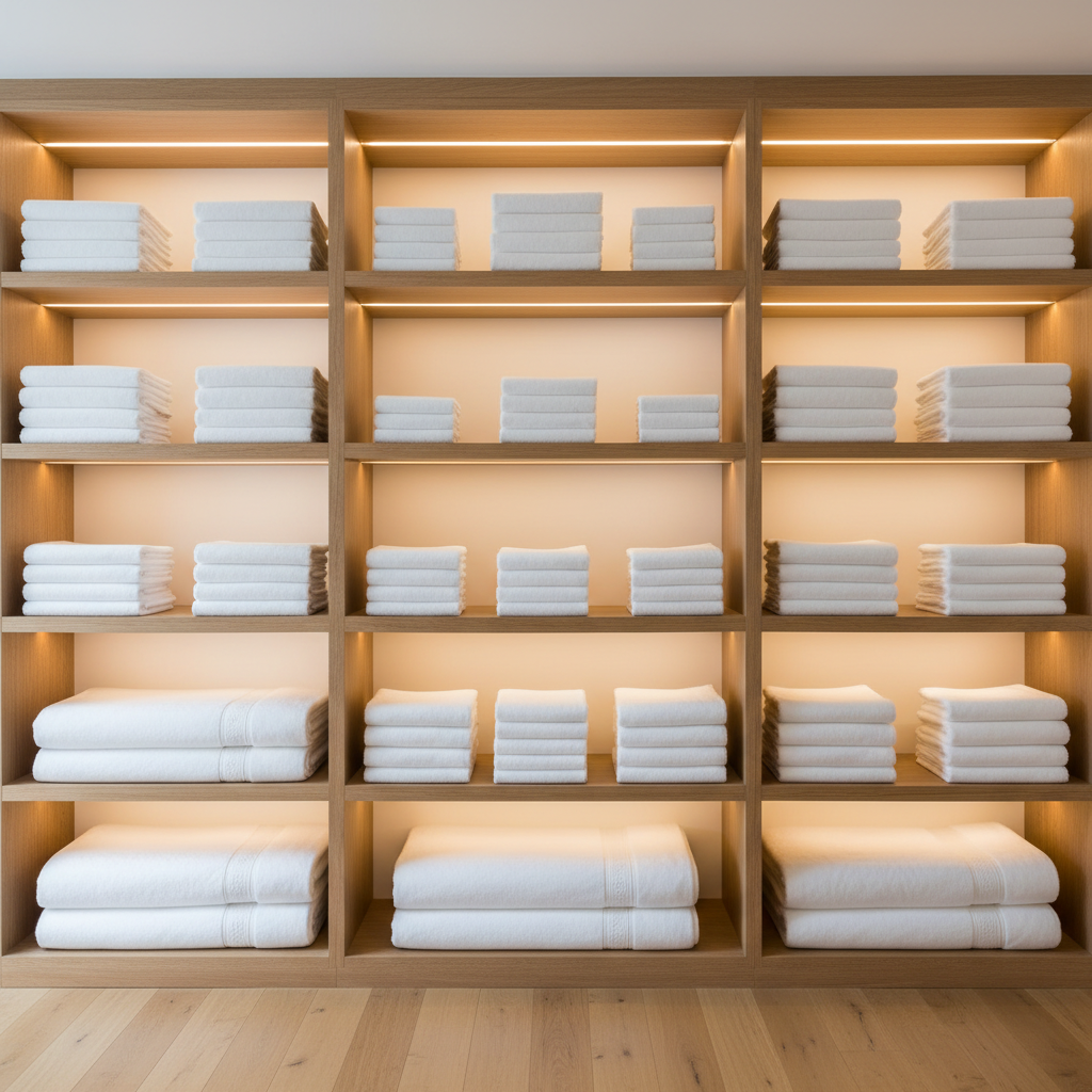 Office de planta de hotel con stock de toallas blancas perfectamente apiladas y organizadas por tipo: toallas de baño, de mano y de bidé en estanterías de lencería
