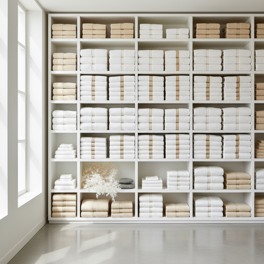 Organised hotel linen room with shelving classified by towel type and size in a professional hotel housekeeping operation