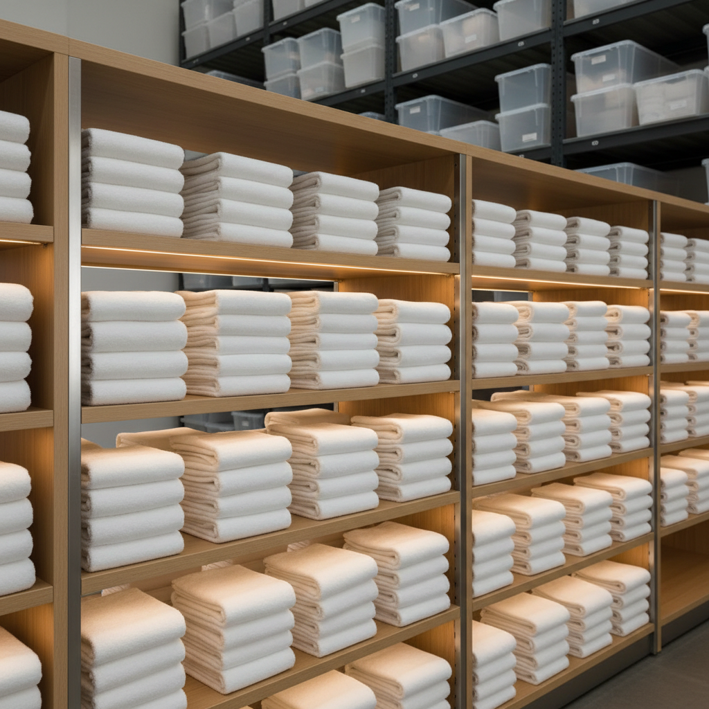 Hotel floor linen room with perfectly stacked and organised white towels by type: bath towels, hand towels and bidet towels on linen shelving
