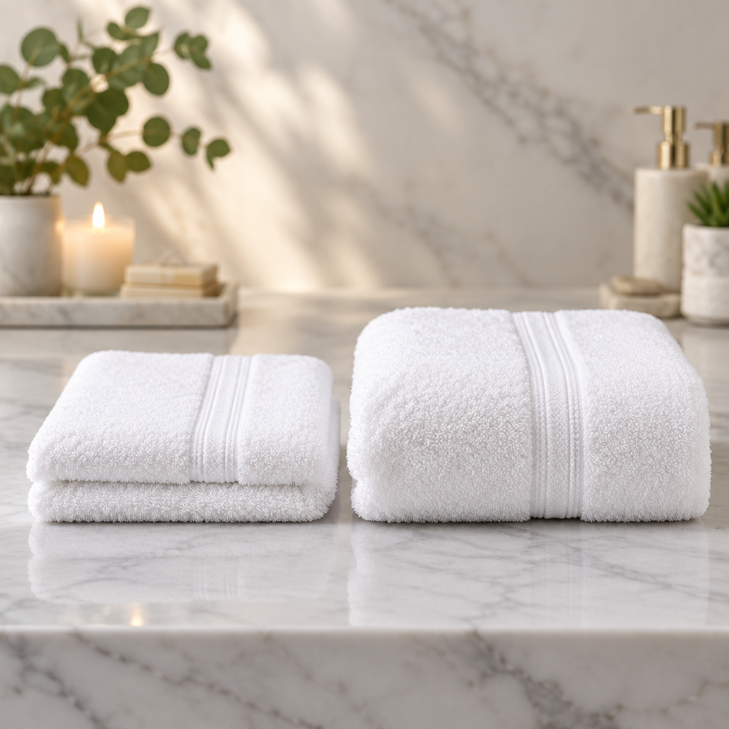 Comparison of hotel towels at 500 gsm and 600 gsm in white terry cotton: difference in volume, loop height and density in hotel bath towels