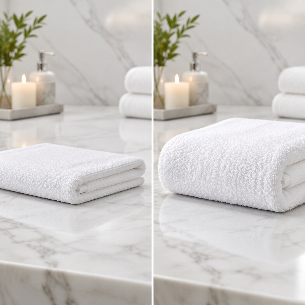 Confronto di asciugamani per hotel a 500 g/m² e 600 g/m² in spugna di cotone bianca: differenza di volume, altezza del riccio e densità in asciugamani da bagno alberghieri