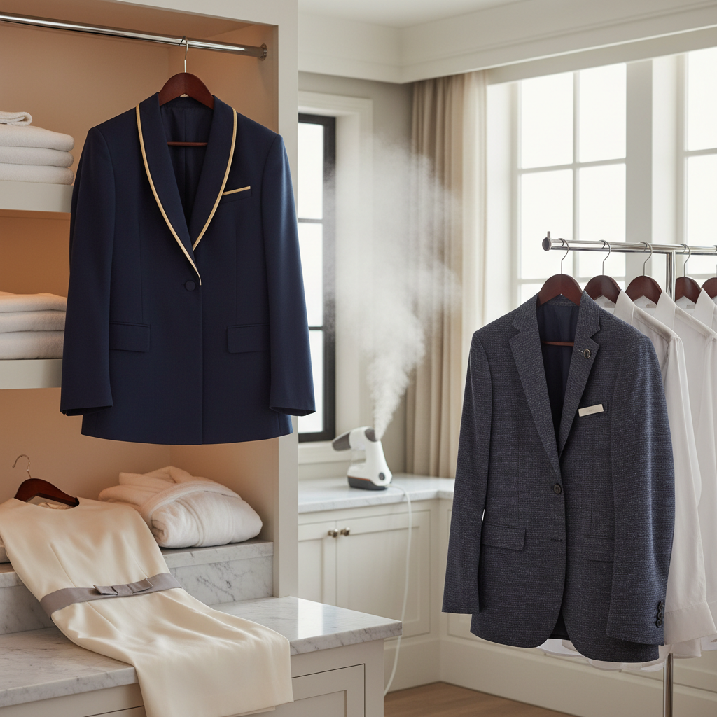 Uniformes hôteliers parfaitement entretenus sur cintre dans le vestiaire d'un hôtel : vestes de salle, chemises blanches et tabliers en excellent état