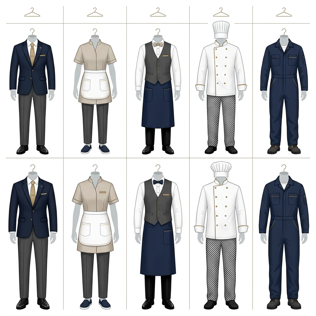 Tableau comparatif des tenues hôtelières par service : réception avec veste et chemise formelle, housekeeping avec tunique fonctionnelle et tablier, salle avec gilet et tablier long, cuisine avec veste de cuisinier et toque