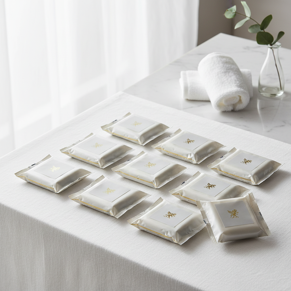Hotel wet wipes in individual sachets presented alongside the amenity kit in a hotel room bathroom