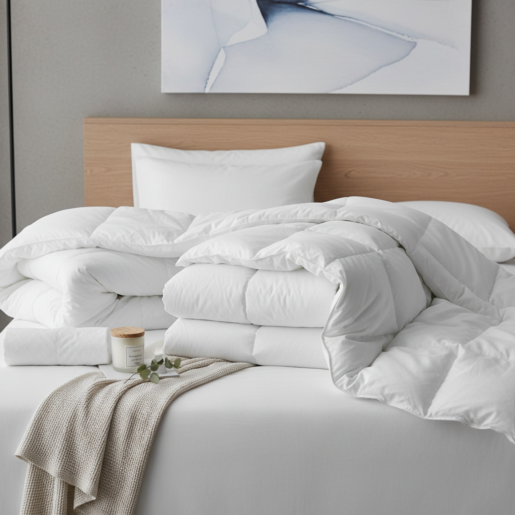 Hotelbett mit voluminöser weißer Hotelbettdecke und perfekt angebrachtem Bettbezug in einem Hotelzimmer