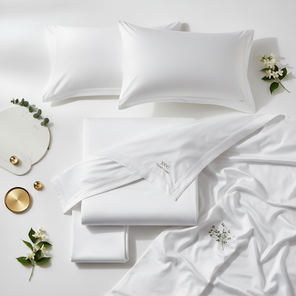 Bett in einem 5-Sterne-Hotel mit perfekt gebügelter weißer Luxusbettwäsche aus ägyptischer Baumwolle und Premium-Kissen