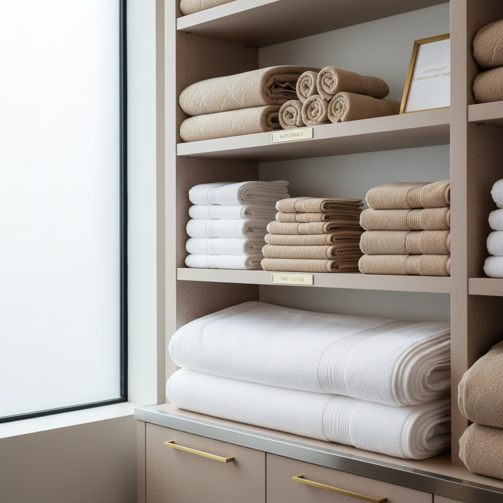 Organisiertes Hotelhandtuch-Lager mit nach Typ und Größe sortierten Regalen in einer professionellen Hotelwäscherei