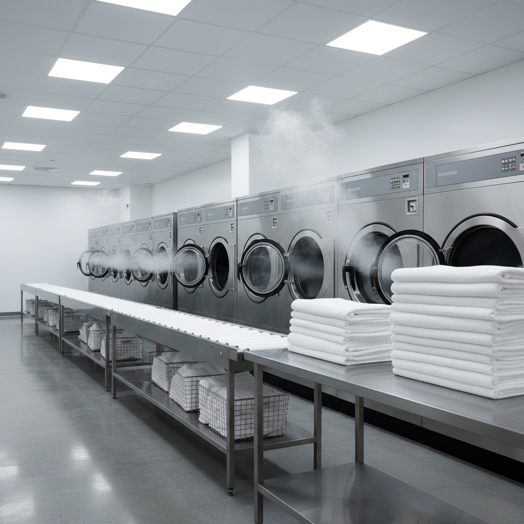 Industrielle Hotelwäscherei mit weißen Handtüchern in einer professionellen Waschmaschine nach 60°C-Waschprotokollen für die Hotellerie