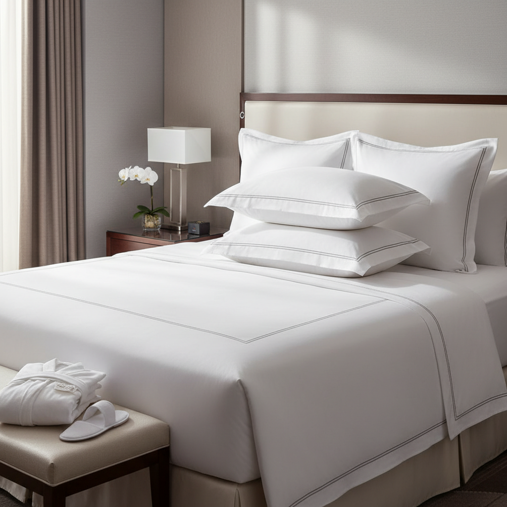 Hotelkissen in verschiedenen Festigkeiten präsentiert auf dem Bett eines Kategoriehotelzimmers mit weißem Kissenbezug