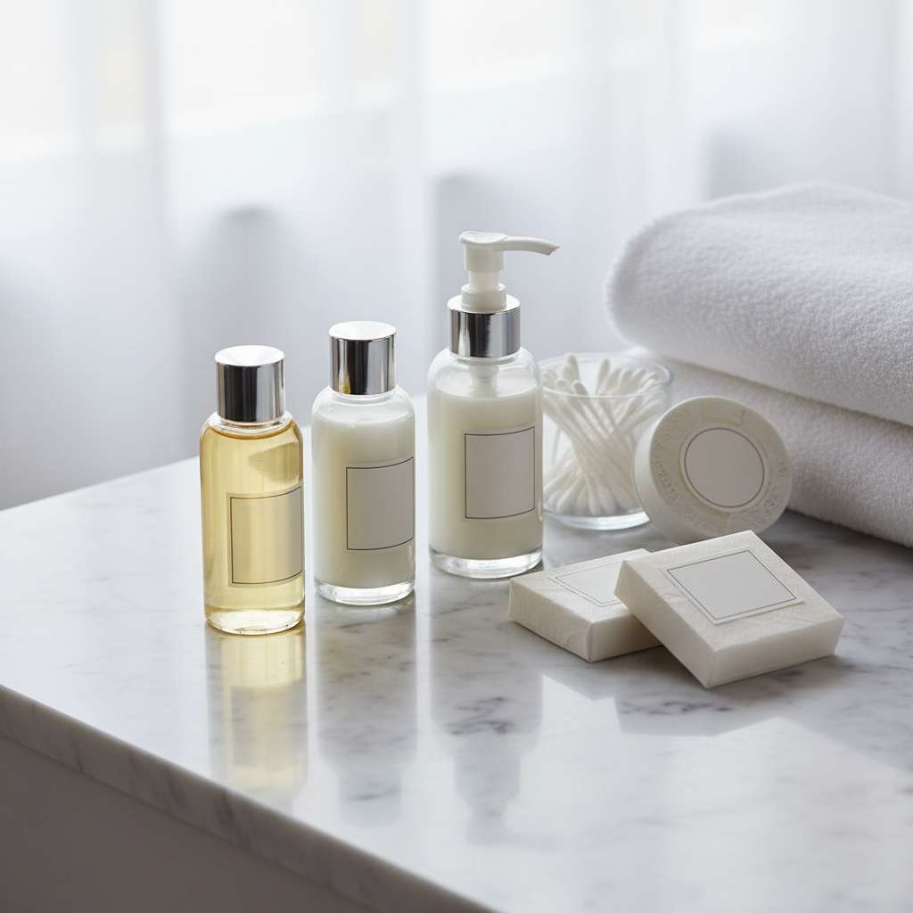 Perfekt organisierte Hotelkosmetik im Tablett auf der Waschbeckenablage eines Kategoriehotelzimmers: Seife, Shampoo, Gel und Lotion in symmetrischer Linie mit Etiketten nach vorne