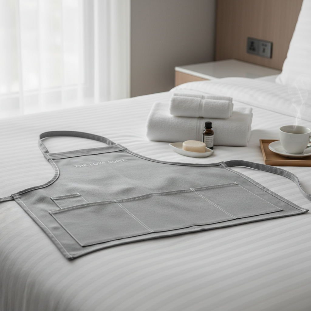 Room attendant wearing a housekeeping apron with multiple pockets while cleaning a hotel room