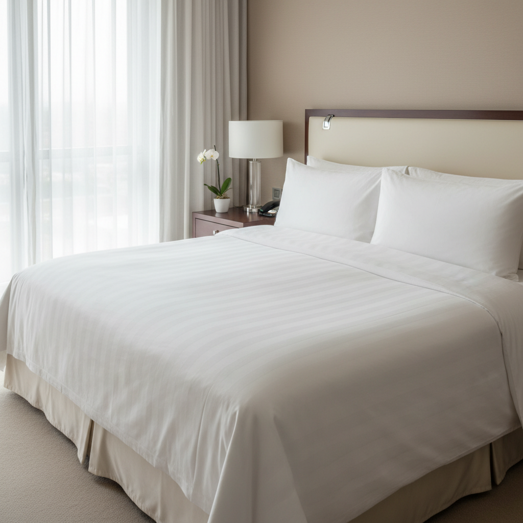 Housse de couette en percale de coton blanc parfaitement tendue sur le lit d'une chambre hôtelière de catégorie