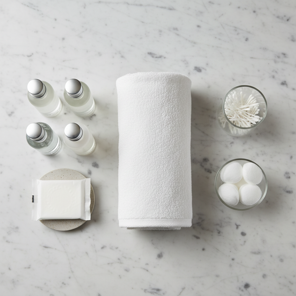 Hotel bathroom amenities perfectly arranged on a tray on the washbasin worktop of a category hotel room: soap, shampoo, shower gel and lotion in a symmetrical line with labels facing forward