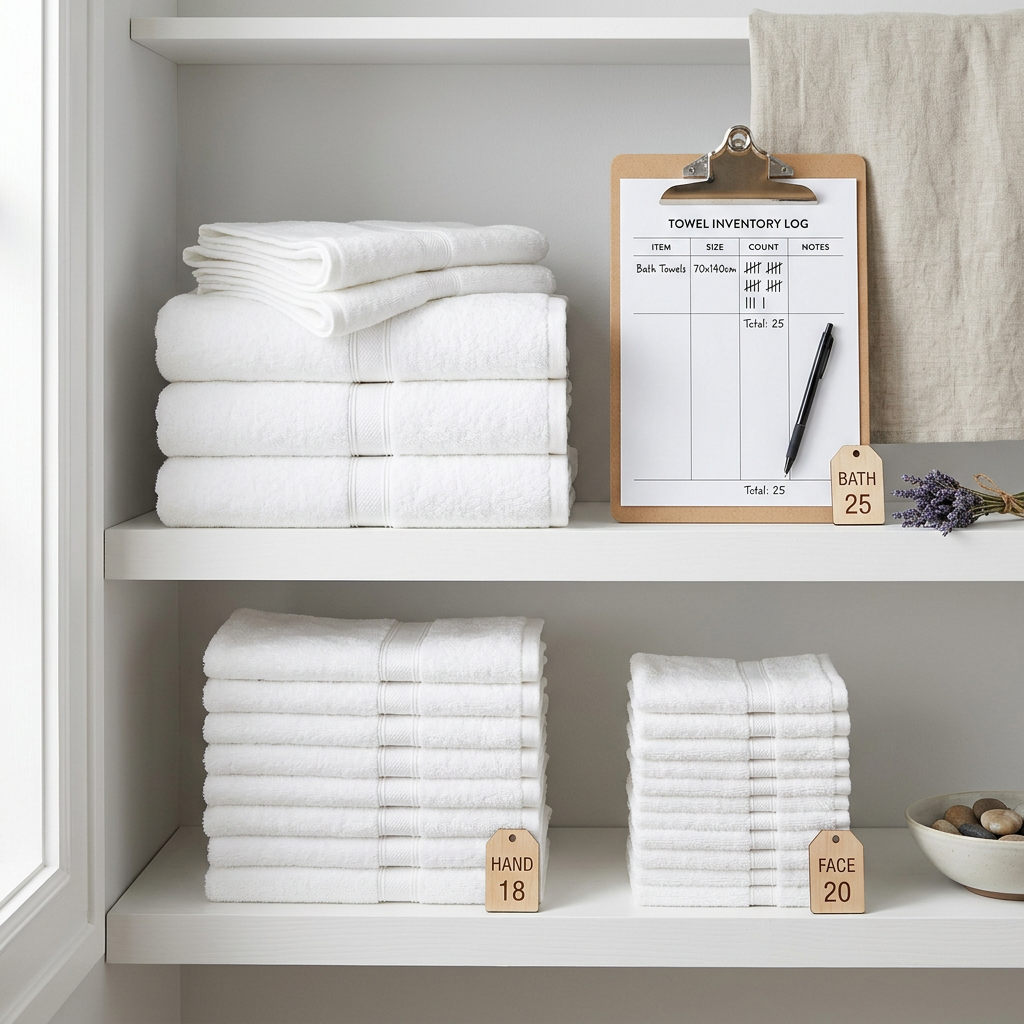 Hotel linen room with white towels neatly stacked by type: large bath sheets, hand towels and bidet towels sorted by the housekeeping department