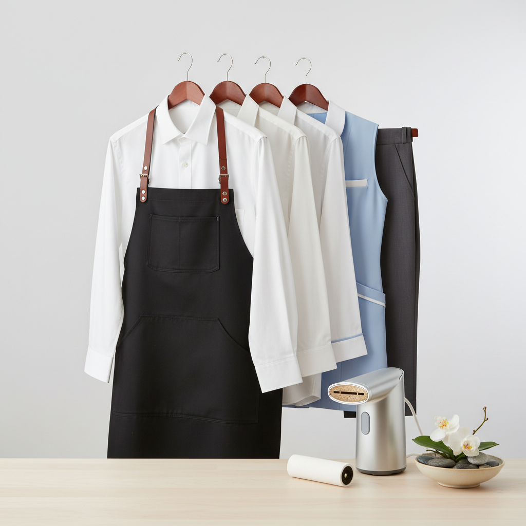 Perfectly maintained hospitality uniforms on hangers in a hotel changing room: front of house jackets, white shirts and aprons in excellent condition