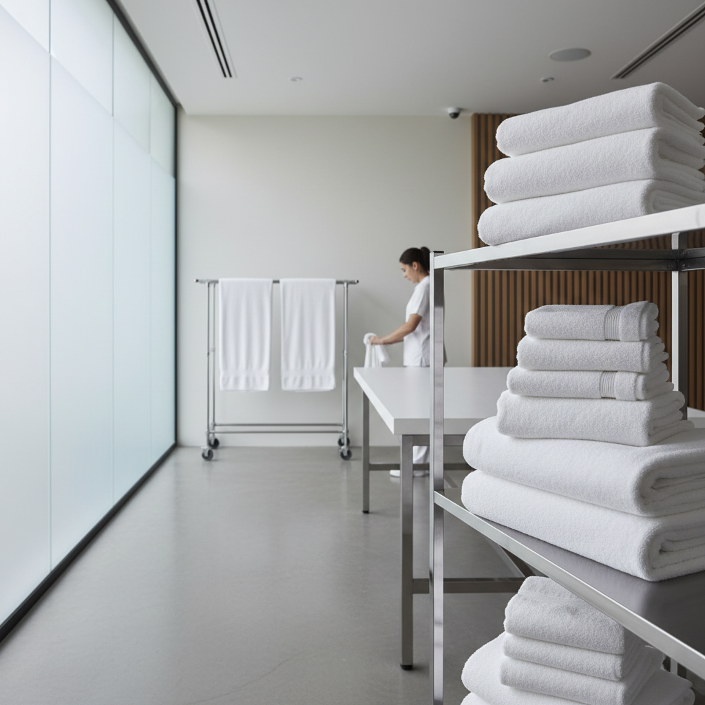 White hotel towels in a professional hotel laundry tumble dryer with correct drying programme
