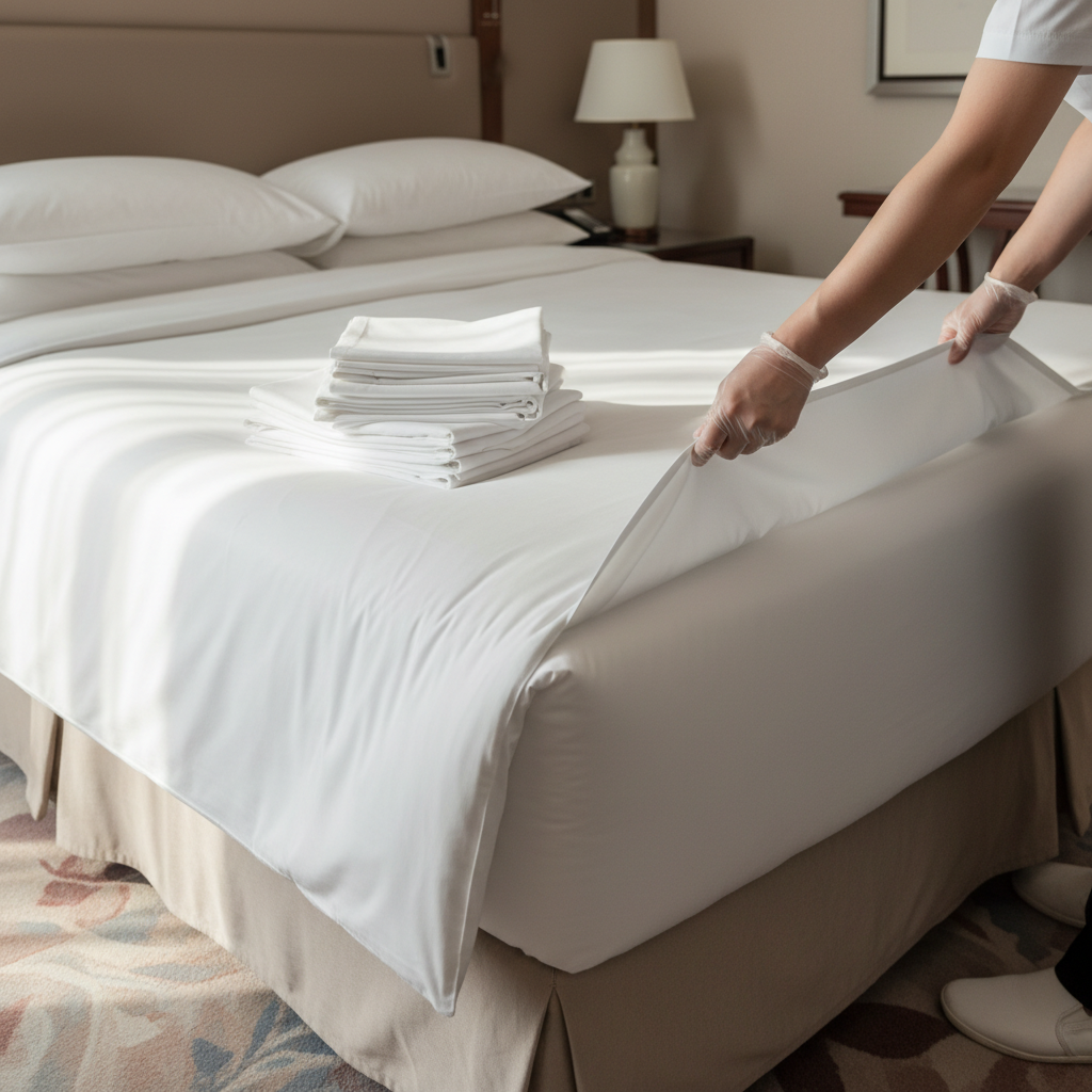 Room attendant folding hotel sheets in the linen room using professional housekeeping technique