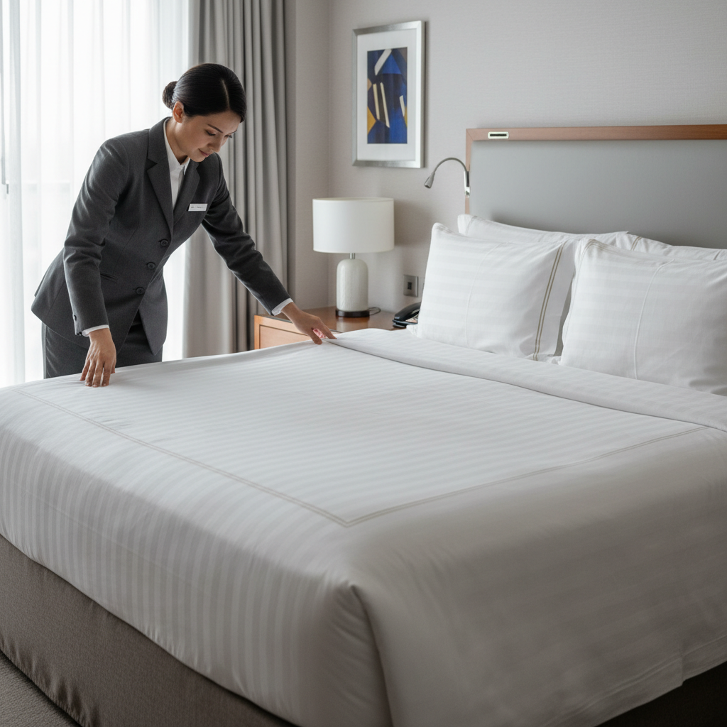Hotel bed perfectly made to professional housekeeping standard: taut fitted sheet, impeccable duvet and symmetrical pillows in a category hotel room