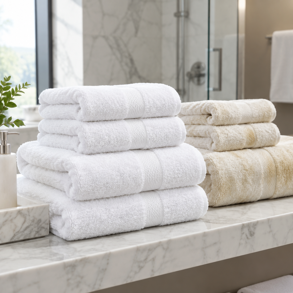 Comparison of white hotel towels: towel in perfect condition next to a towel yellowed by limescale deposits and sweat proteins in a hotel laundry