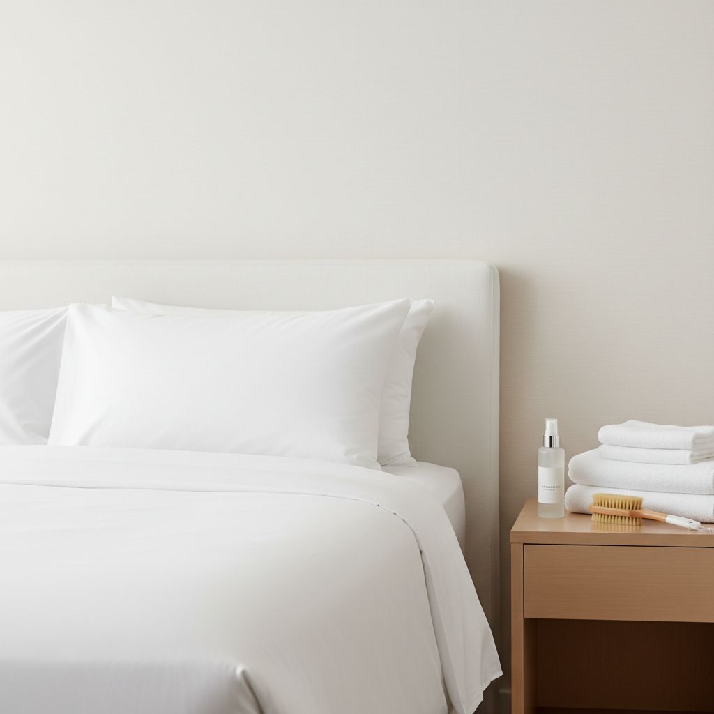 White hotel sheet with stain being treated with professional stain remover in a hotel laundry