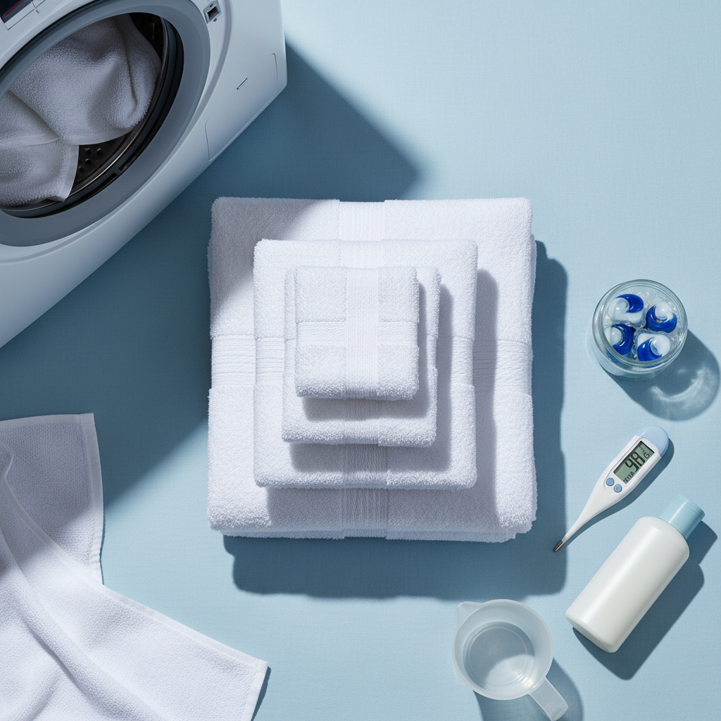 Hotel industrial laundry with white towels in a professional washing machine following 60°C laundering protocols for hospitality