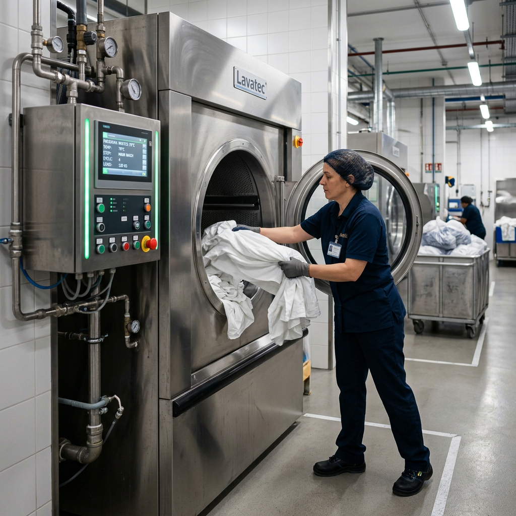 Opératrice de blanchisserie industrielle hôtelière chargeant des draps blancs dans une laveuse barrière grande capacité, avec les commandes de température et de programme visibles sur le tableau de bord de la machine