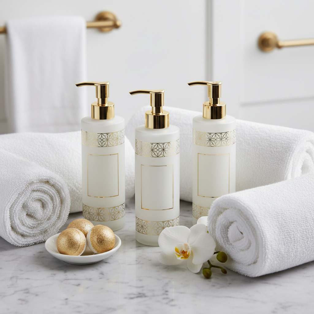 Koordiniertes Hotel-Hotelkosmetik-Set: Shampoo, Haarspülung, Duschgel und Körperlotion aus derselben Duftlinie