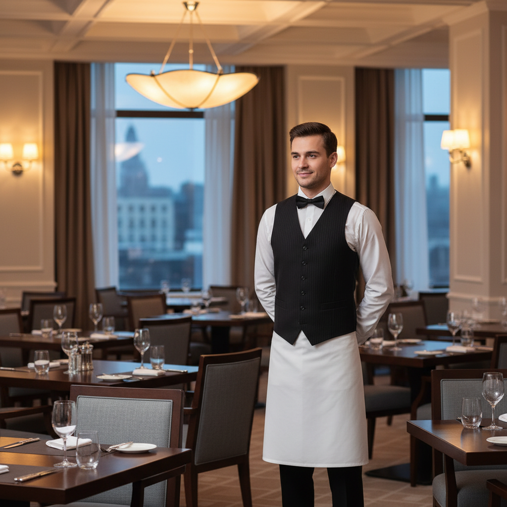 Hotelkellner in klassischer schwarzer Servicehose während des Service im Saal eines Kategoriehotelrestaurants