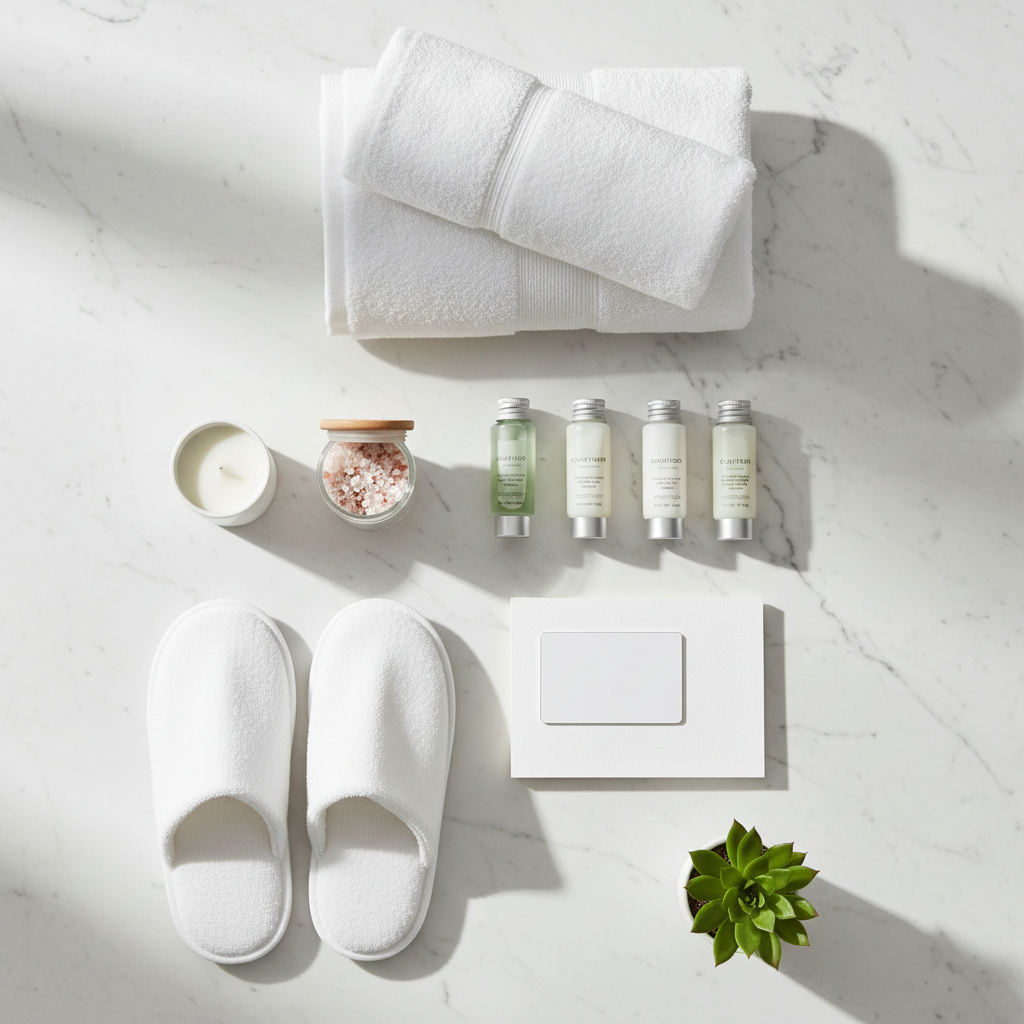 Kit benvenuto per appartamento vacanze presentato su vassoio di legno: biglietto personalizzato, dotazioni bagno in formato travel, caffè e snack di benvenuto