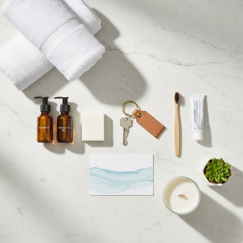 Kit de bienvenida para apartamento turístico presentado en bandeja de madera: nota personalizada, amenities de baño en pequeño formato, café y snack de bienvenida