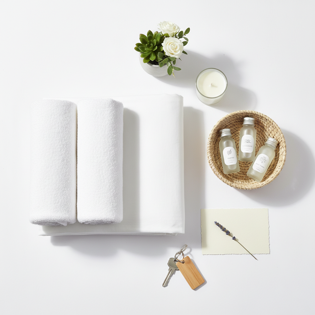 Kit de bienvenue pour location de vacances présenté dans un plateau en bois : note personnalisée, produits d'accueil de salle de bain en petit format, café et snack de bienvenue