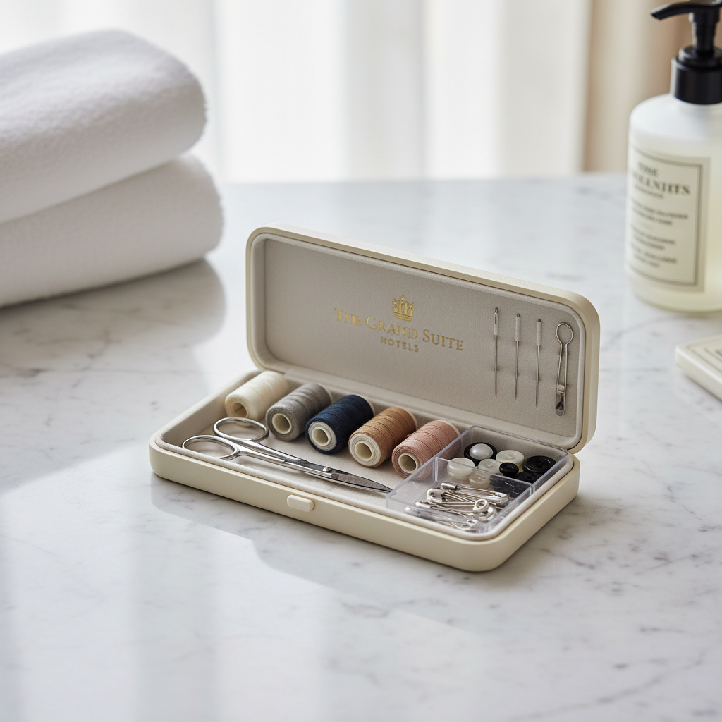 Kit de costura de hotel con agujas, hilos de colores, botones e imperdibles sobre superficie de madera de habitación hotelera