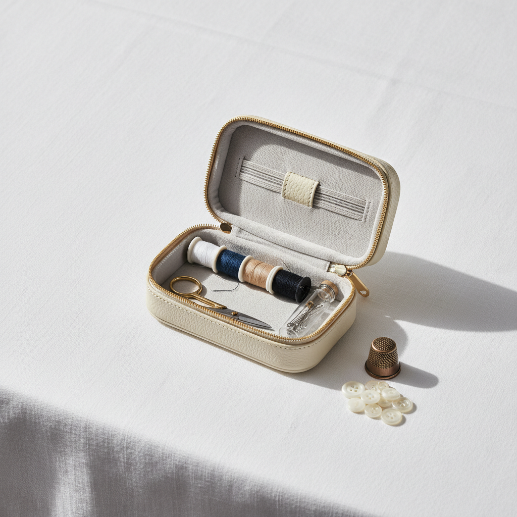 Kit de couture d'hôtel avec aiguilles, fils de couleurs, boutons et épingles de sûreté sur surface en bois de chambre hôtelière