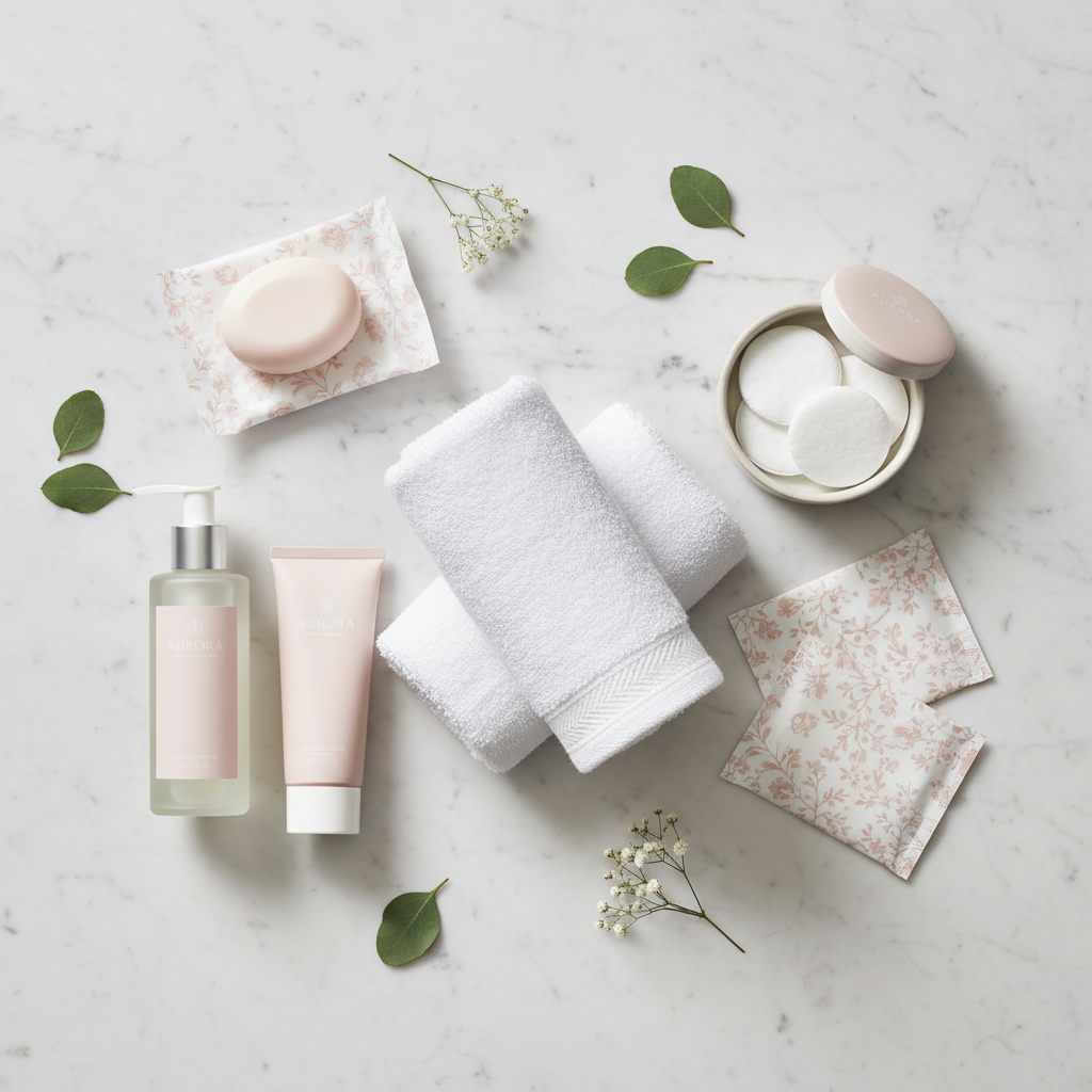 Kit d'hygiène féminine d'hôtel dans un sac discret et élégant sur surface de salle de bain hôtelière de qualité