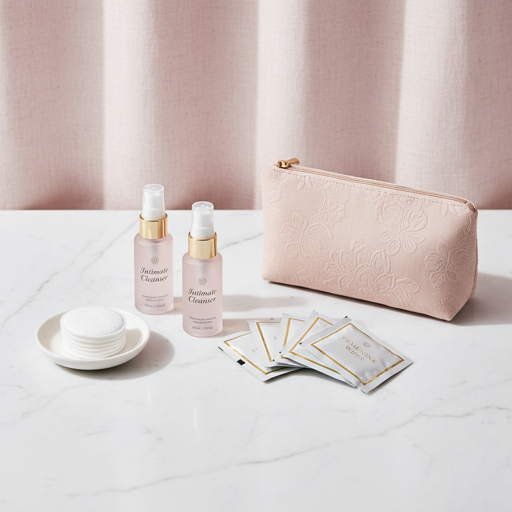 Kit femenino de hotel en bolsa discreta y elegante sobre superficie de baño hotelero de calidad