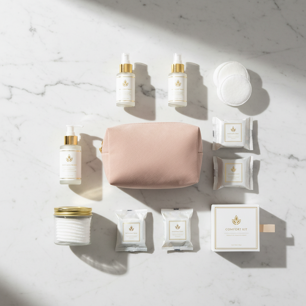 Kit igiene intima per hotel in busta discreta ed elegante su superficie di bagno alberghiero di qualità