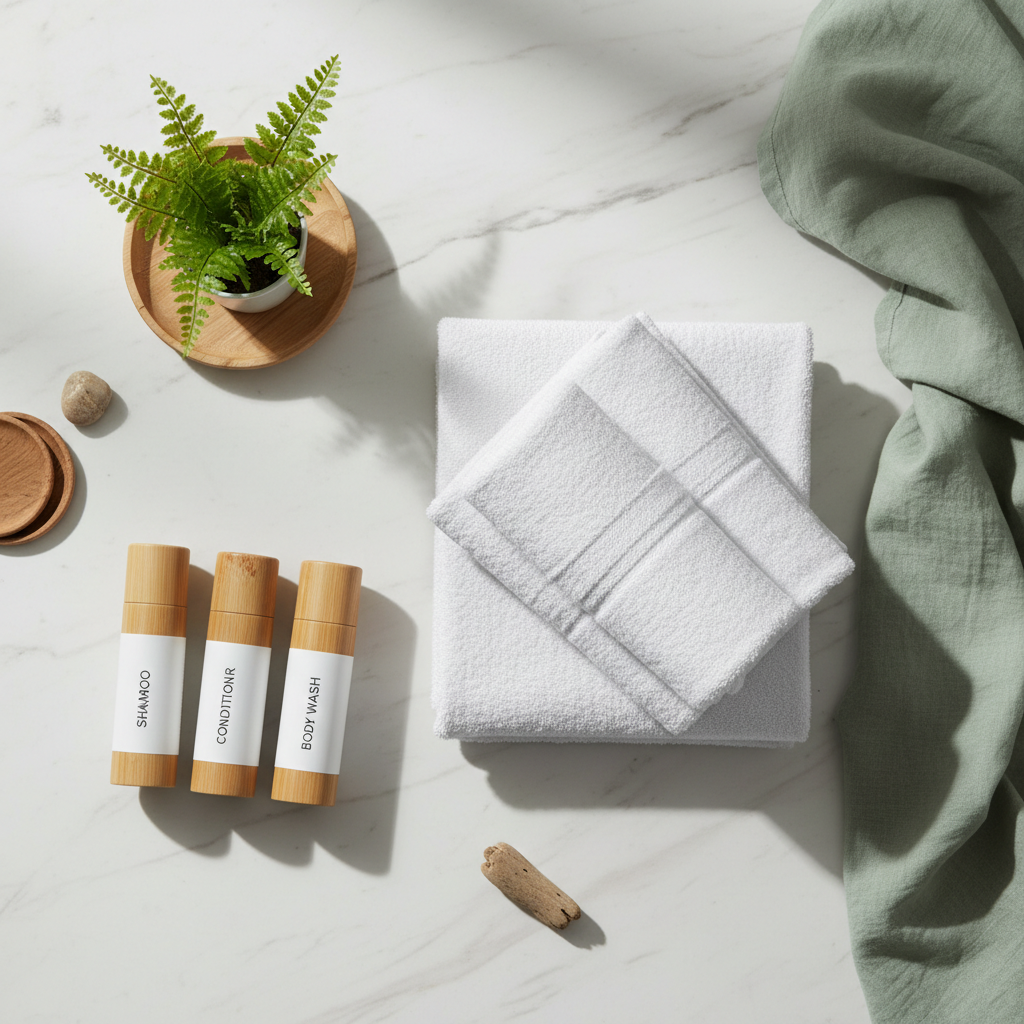 Ökologische Hotelausstattung mit Kraftpapierverpackung und Naturseifen auf Holzoberfläche in einem nachhaltigen Bad