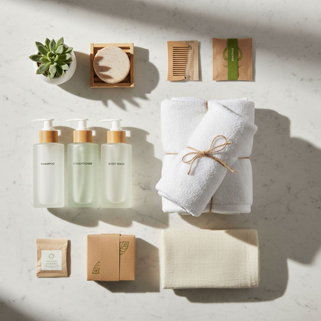 Ökologische Hotelausstattung in recycelter Papier- und Bambus-Verpackung auf nachhaltiger Hotelbadoberfläche